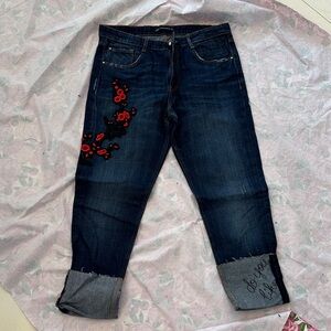Zara Dark Blue Jeans with Red Floral Embroidery